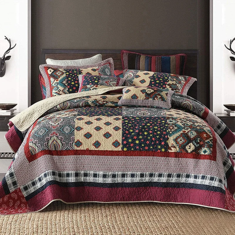 3 pcs Bohemia printed bedspread patchwork bed quilt quilts manufacturers set with pillow shams