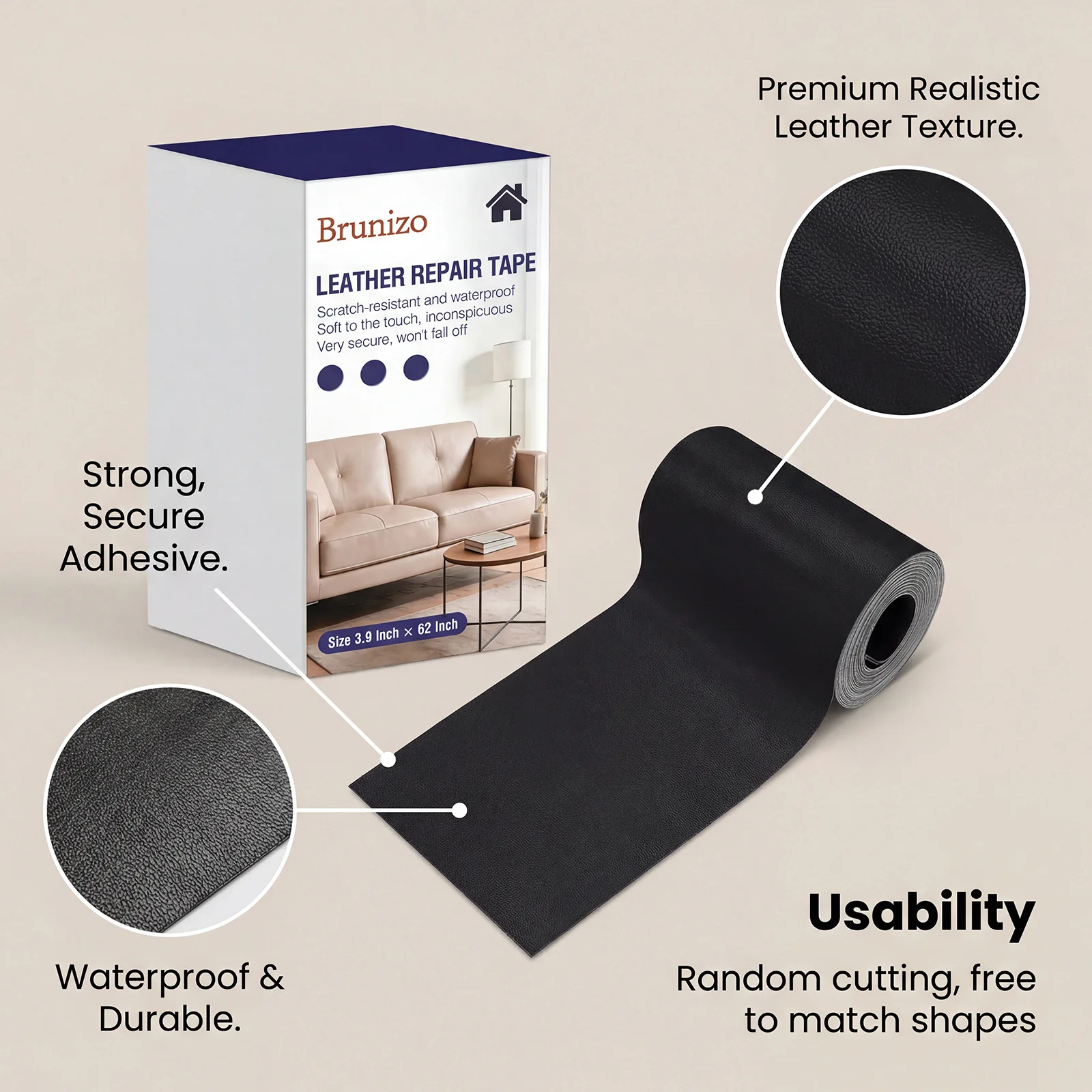 Brunizo Leather Repair Tape Scratch Resistant Waterproof Durable Soft Touch Blemishes Covering Leather Repairing Tape 62*3.9inch