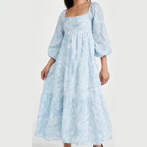 Custom Ladies Elegant Tiered Long Balloon Sleeves Smocked Long Maxi Floral Casual Dresses Women