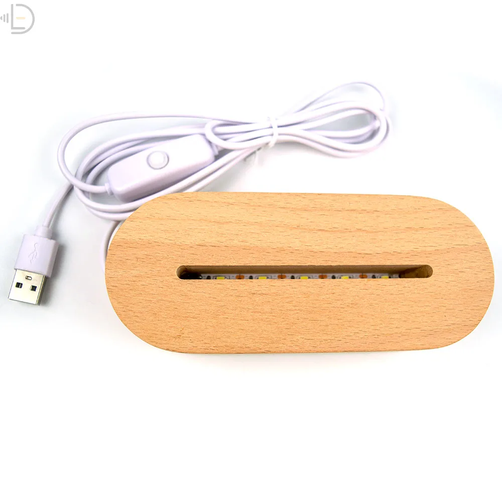 New Oval Wood Base with USB Cable White Warm White for 3D Visual LED Night Light