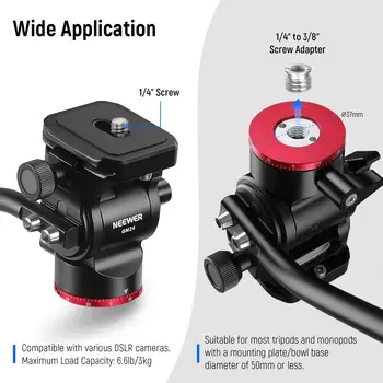 NEEWER Tripod Fluid Head Pan Tilt Head with Quick Release Plate and Handle, Metal Camera Tripod Head Compatible with Arca Swiss detail image