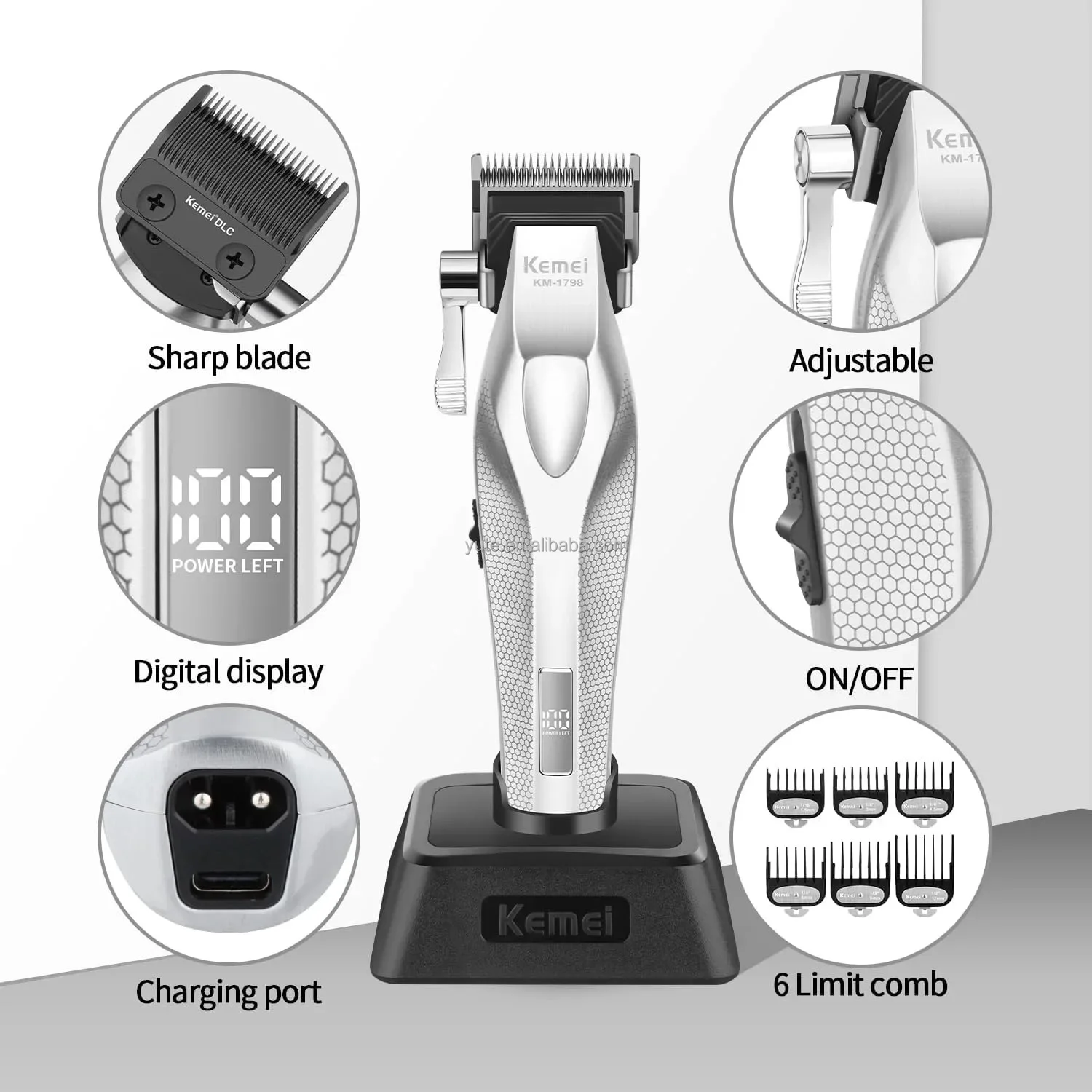 Tondeuse &agrave; cheveux Kemei KM-1798 Real Material avec lame rev&ecirc;tue DLC, base de chargement sans fil et station de charge USB, 9000 tr/min.