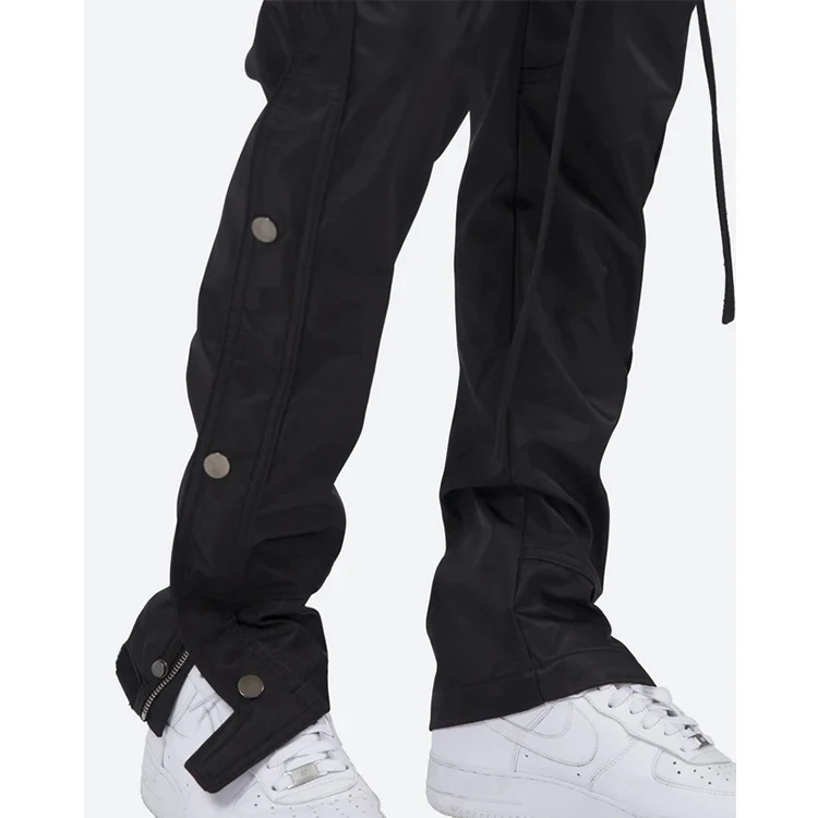 Custom Men Black Drawstring Waist Nylon Pants Snap Button Side Zipper ...