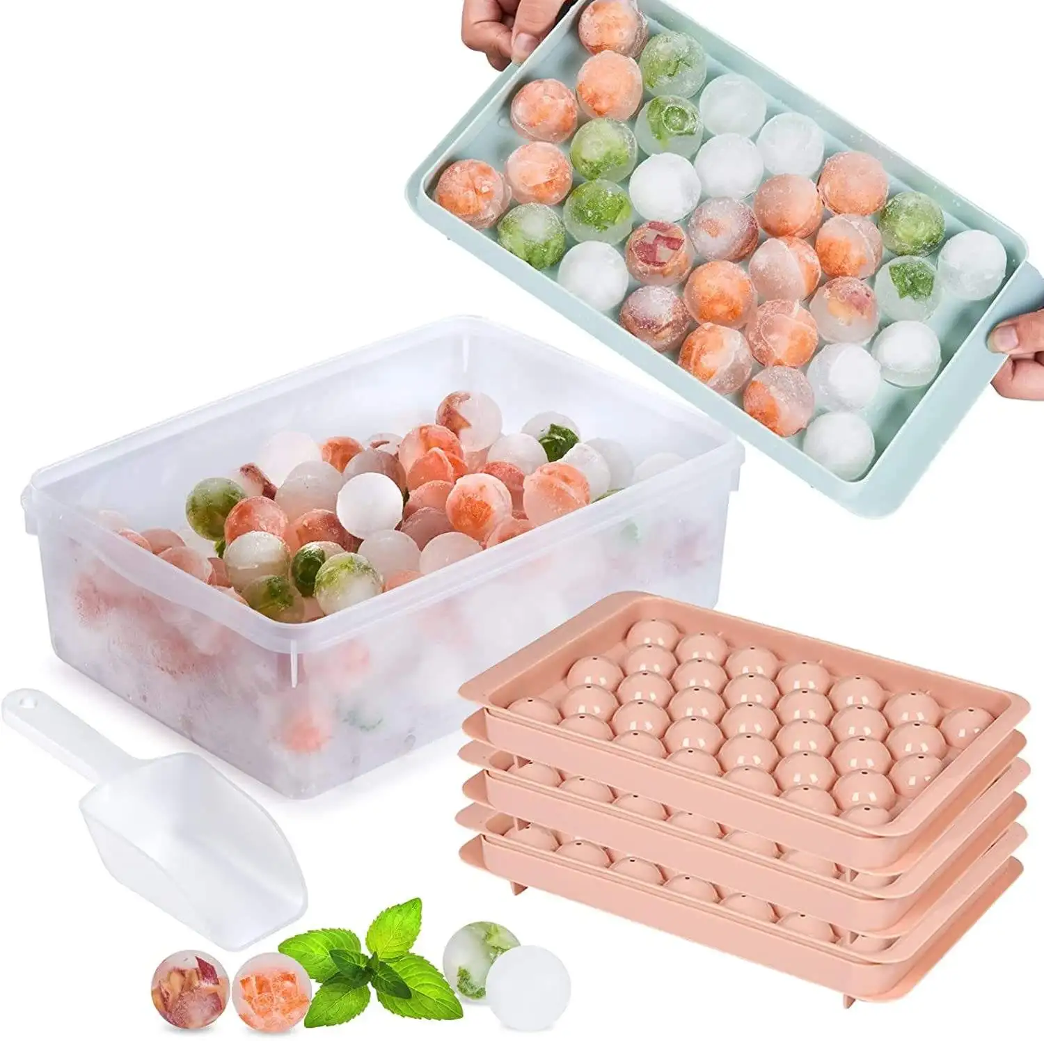 Factory Top Seller Bpa Free Plastic Mini Round Ice Ball Maker Mold Ice Cube Tray With Lid And Bin Ice Scoop details