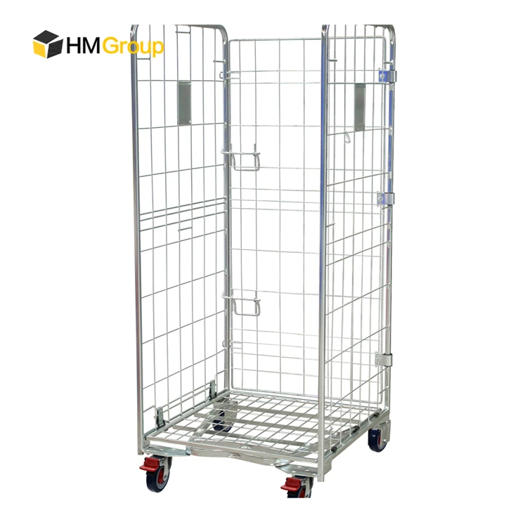 A Frame Metal 3 Side Warehouse Transport Cargo Foldable Nestable Roll Cage Trolley