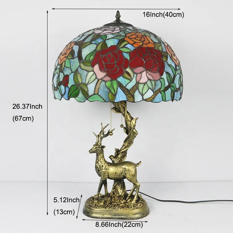LongHuiJing 16Inch Large tiffany Table Lamp Rose Flower Stained Glass Lampshade With Deer Resin Base