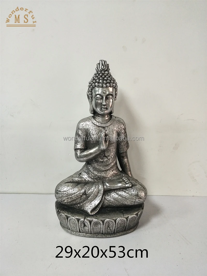 Polystone sitting buddha figurine silver ceramic color religious sculpture life size garden decoration outdoor