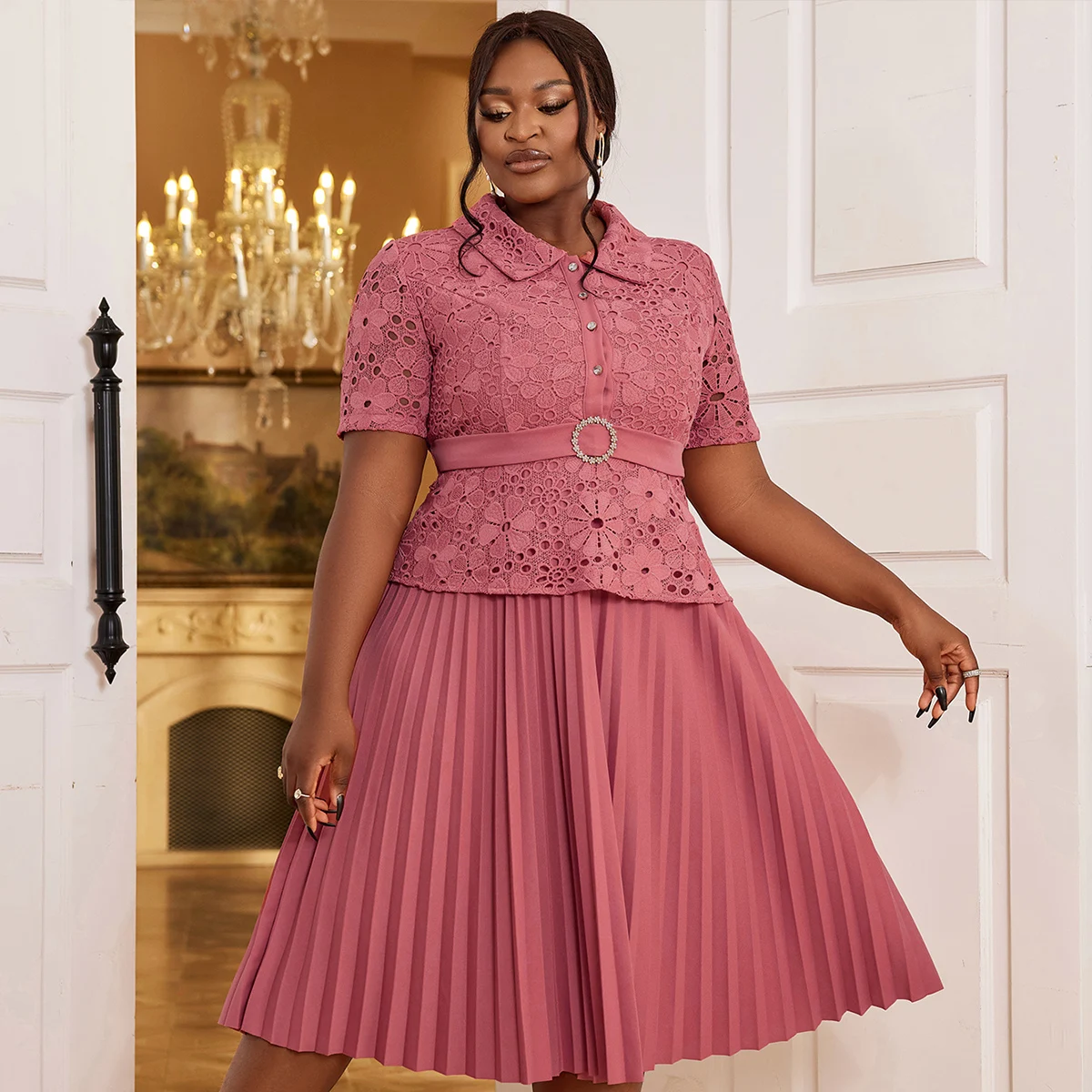 Wholesale AOMEI Manufacturer New Arrival Half Leeve Hollow Out Flower Lace Women Formal Office Dress Plus Ize 2XL 3XL 4XL Tea Length Long Church