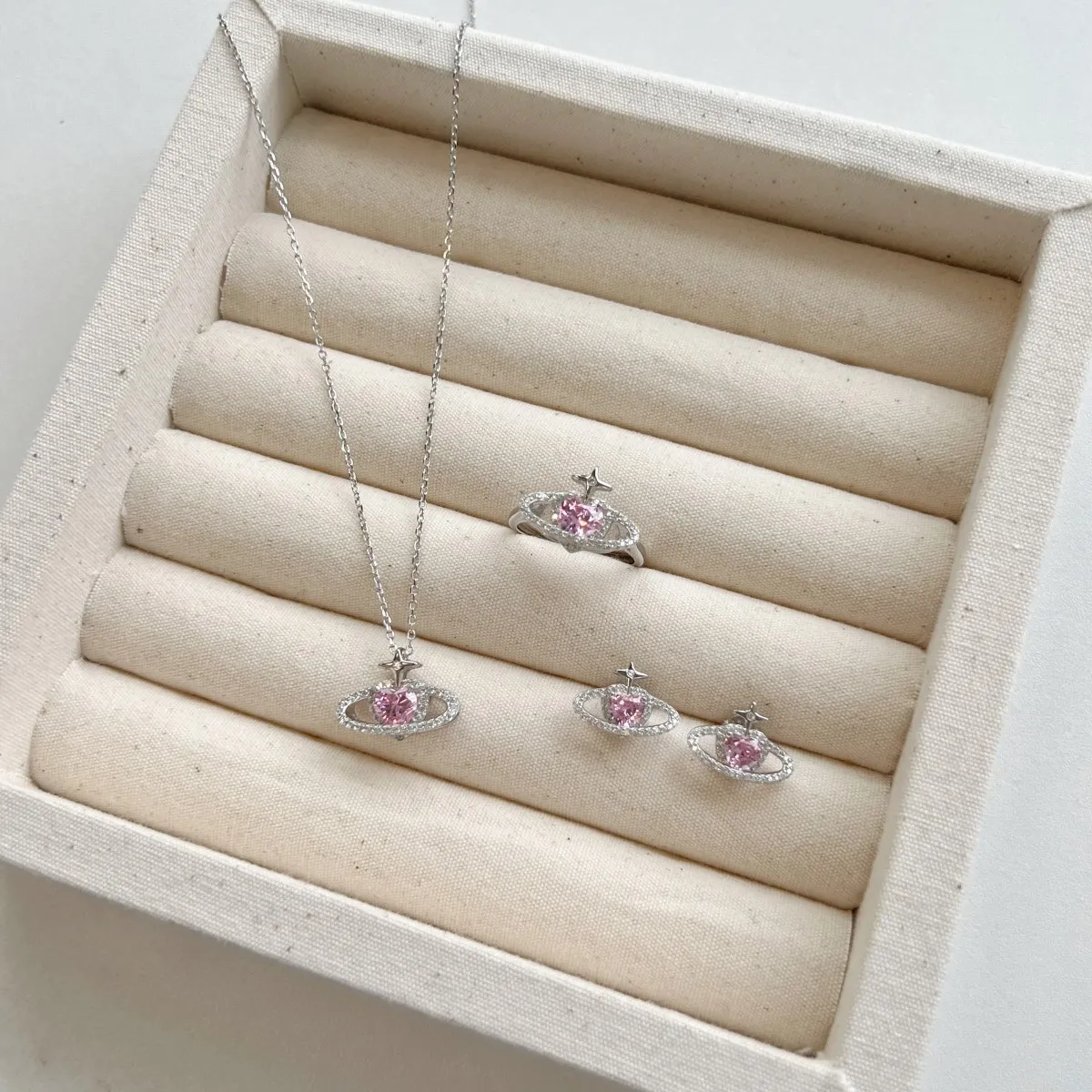 KAKODIY Shiny Fashion Purple Czirconium Cubic Zirconia Planet Ring 925 Sterling Silver Pink Heart Shape Ring Women's Jewelry Set detail 6
