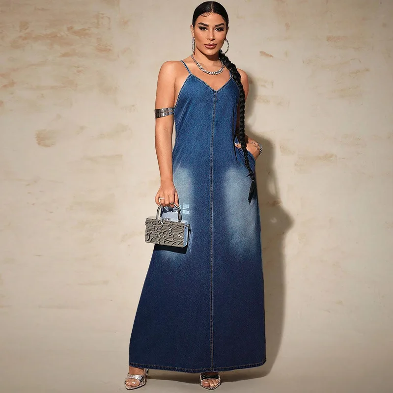 Plus Size Women's New Washed Streetwear Denim Suspender A-Line Long Dress details