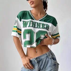New Women's Loose-Fit Numeric Midriff-Baring Baseball-Style American Short-Sleeve T-Shirt Fashion Knit Top Summer Clothing