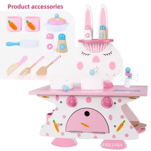 Unisex Children's Mini Kitchen Toy Set Wooden Simulation Bunny Educational Pretend Play Puzzle for Kids MDF PC Kitchen