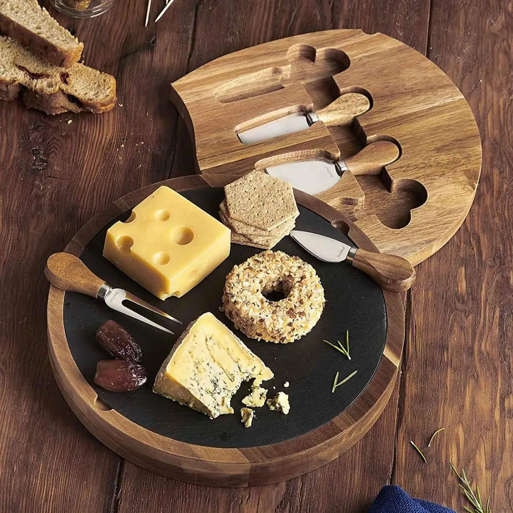 Горячая Распродажа популярный набор колбасных досок круглая горка Сервировочная доска из дерева акации сланец для