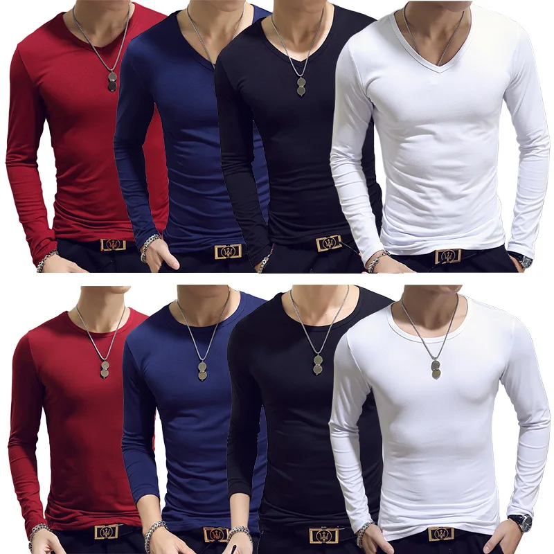 2022 Quick dry sports solid wholesale slim o-neck v-neck custom plain OEM logo blank long sleeve men t shirts