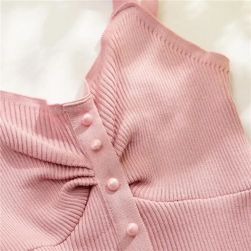 2021 Korean Version of Nice temperament vest knitted sweater is sexy girl style with middle row and button straps