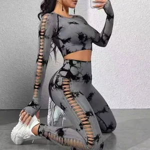 long leggings yoga sets Outdoor sports quick drying tight fitting high waist hip lifting fitness side hollow tie dye yoga set