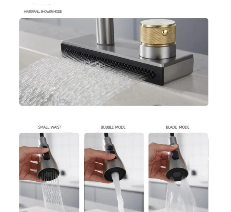 Big Waterfall Grey Kitchen Faucet Flexible Connections Durable Free