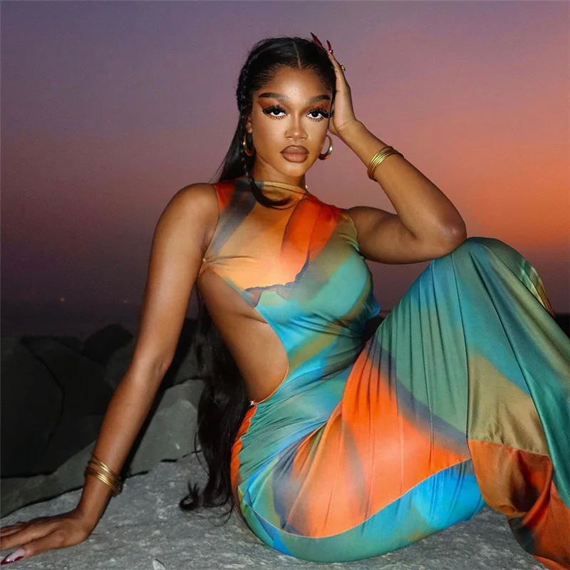 2024 Summer Gradient Print Maxi Dress Sleeveless Backless Long Dresses Sexy Vacation Outfits Holiday Elegant Bodycons