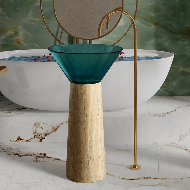 Designer Style Travertine Pedestal and Blue Transparent Resin Wash Basin Minority Art Free Standing Bathroom Sink for Hotel