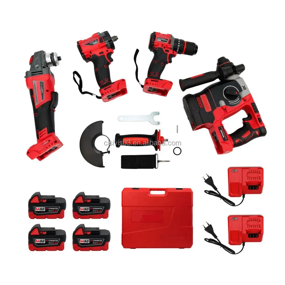 OEM CISIVIS 4pcs Household Battery Tool Kits New 18V Battery-Powered Impact Drill Wrench Angle Grinder Hammer Drill Tool Set