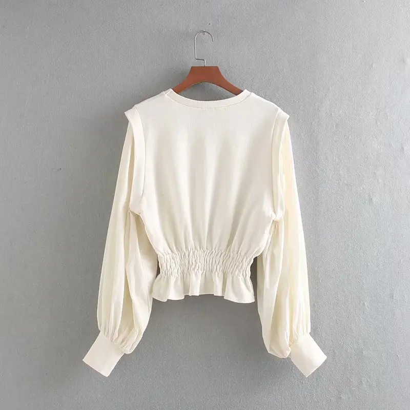 Autumn Essential Basic Loose Short Sweater Strap Lantern Sleeve Slim Stretch Waist Part Touch Elastic Fabric Knitted Wear Casual
