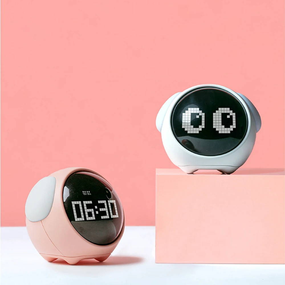 Emoticon Dual Alarm Clock with Voice Control Cute Animal Dog Night Light Smart Multifunction Children's Clock for Desktop Use