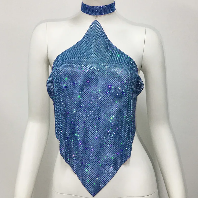 Crystal Diamond Chain Ladies Backless  Collar Nightclub Music Festival Top