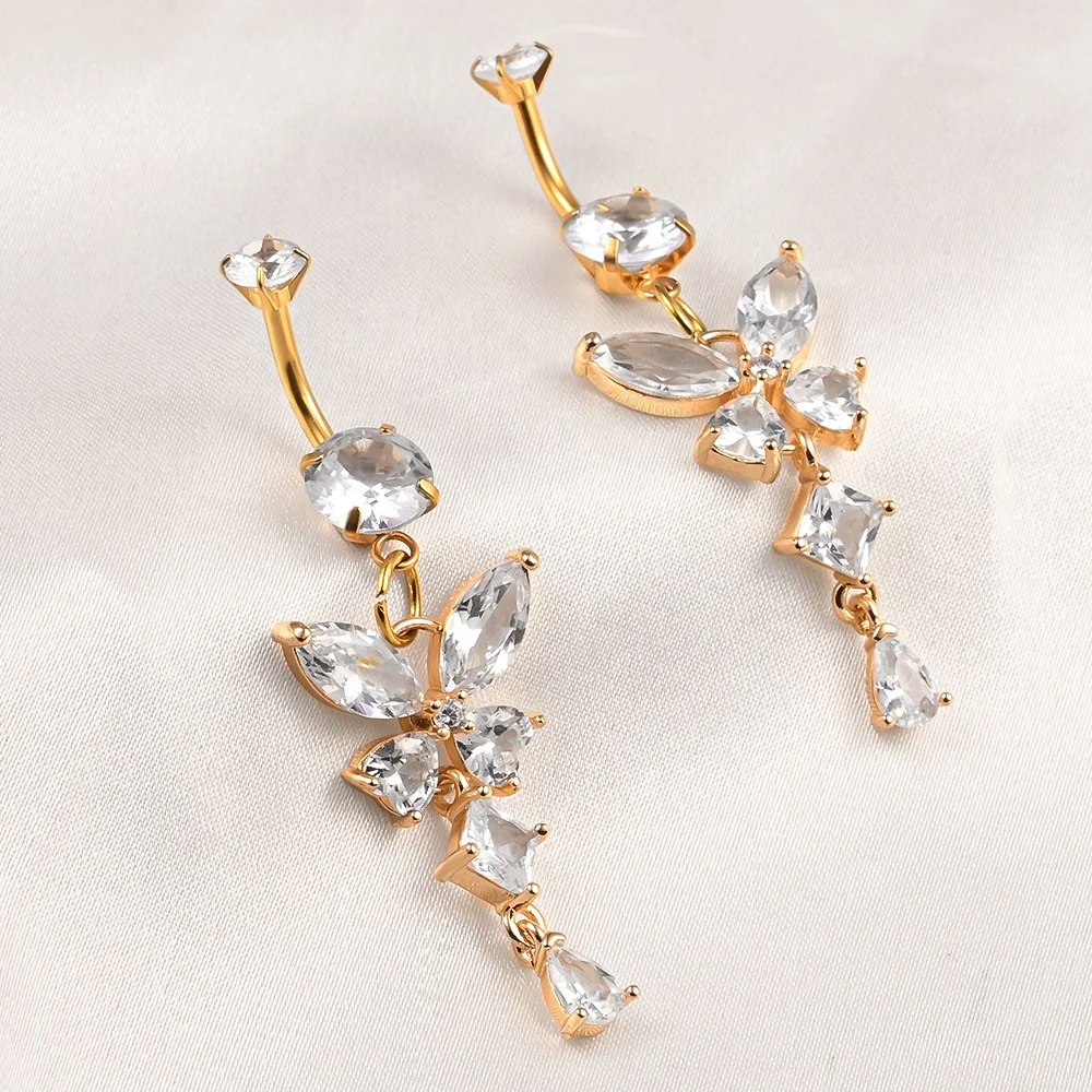 2 Anneaux De Piercing Nombril En Acier Chirurgical 14Ga - Strass Papillon, Bijoux Corps Femme