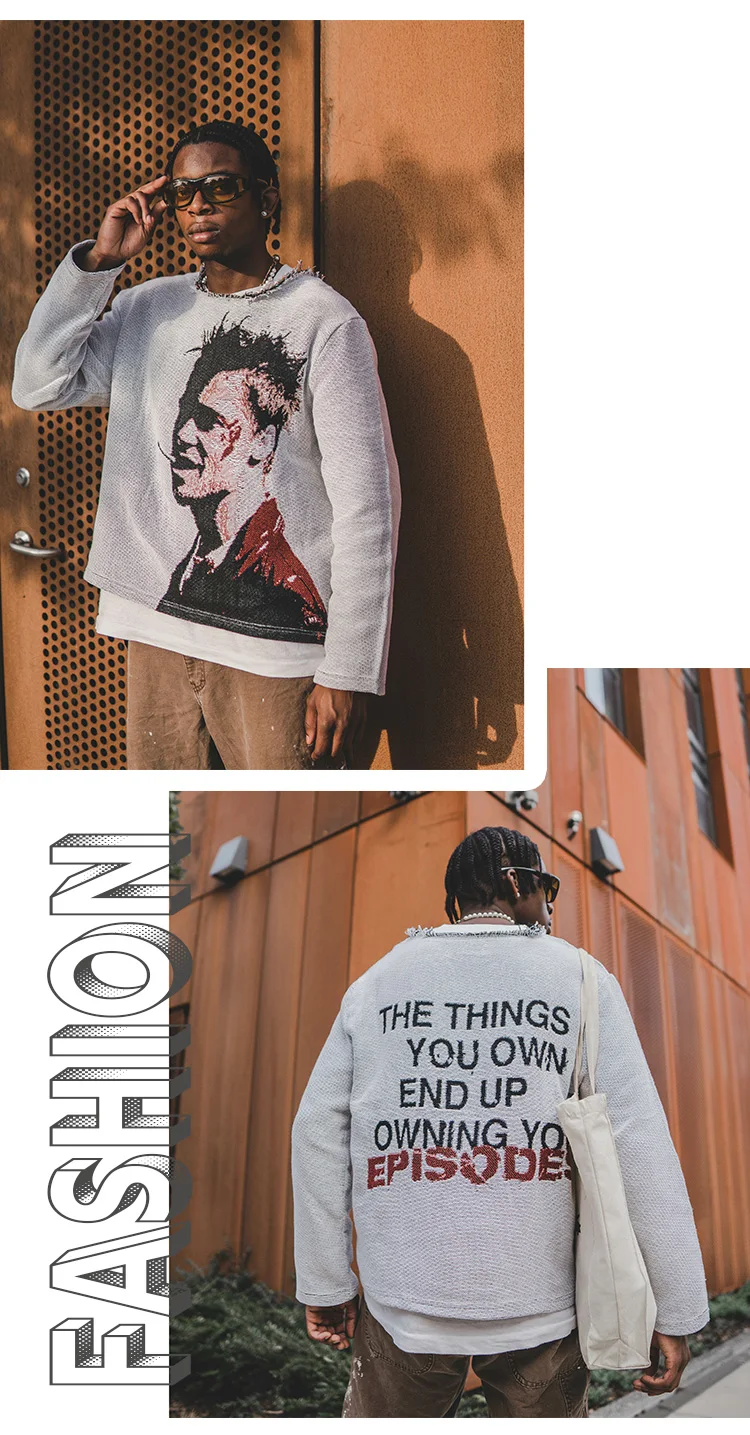 Hoodi Jacquard Crewneck Anime Tapestry Sweatshirt Men Woven Clothing Jacket Streetwear Custom