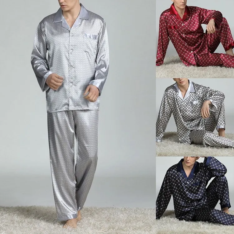 Wholesale Men's Stain Silk Pijama Set Full Length Sleepwear Modern Style  Soft Cozy Satin Printed Men Sets Color Grey Black Men's Pajama From  m.