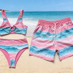 2026 Matching Couple Swimwear Set Custom Beachwear with Sexy Triangle Bikini Solid Print Swim Trunks Men OEM Service Xxs