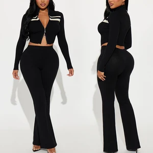 Premium Knitted Women's Winter Tracksuit Set Slim Fit Stand Collar Jacket and Pants with Hoodie Custom Logo Top Clothing