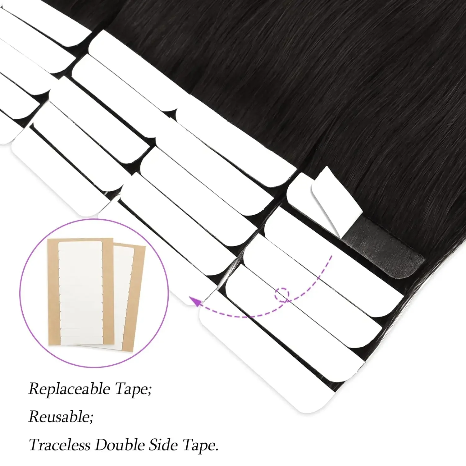 26 Zoll Tape in Haarverlängerungen 100 % Echthaar Natürliches schwarzes glattes Remy-Haar_voghion.com