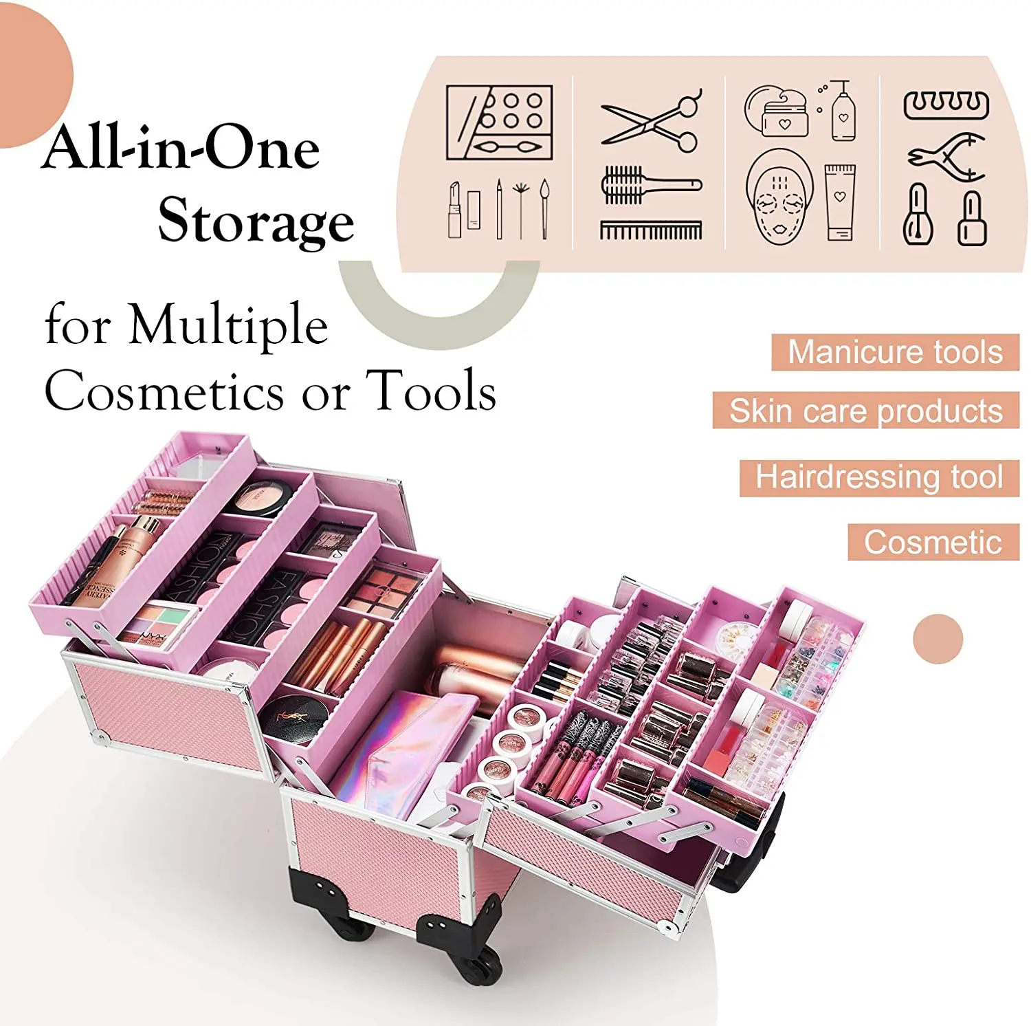 Rolling Makeup Case with Wheels Professional Cosmetology Large Train Case Wheeled Cosmetic Trunk with 8 Divided Trays for Makeup