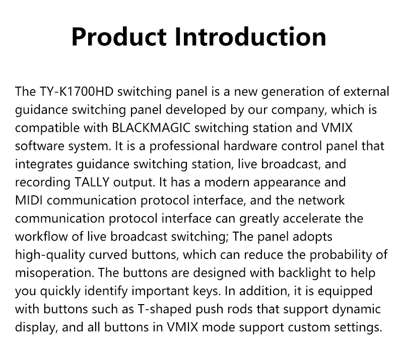 TYSTVideo TY-K1700HD Camera Video Switcher Panel Vmix Control BMD ATEM 1 M/E  Broadcasting station For Live Steaming