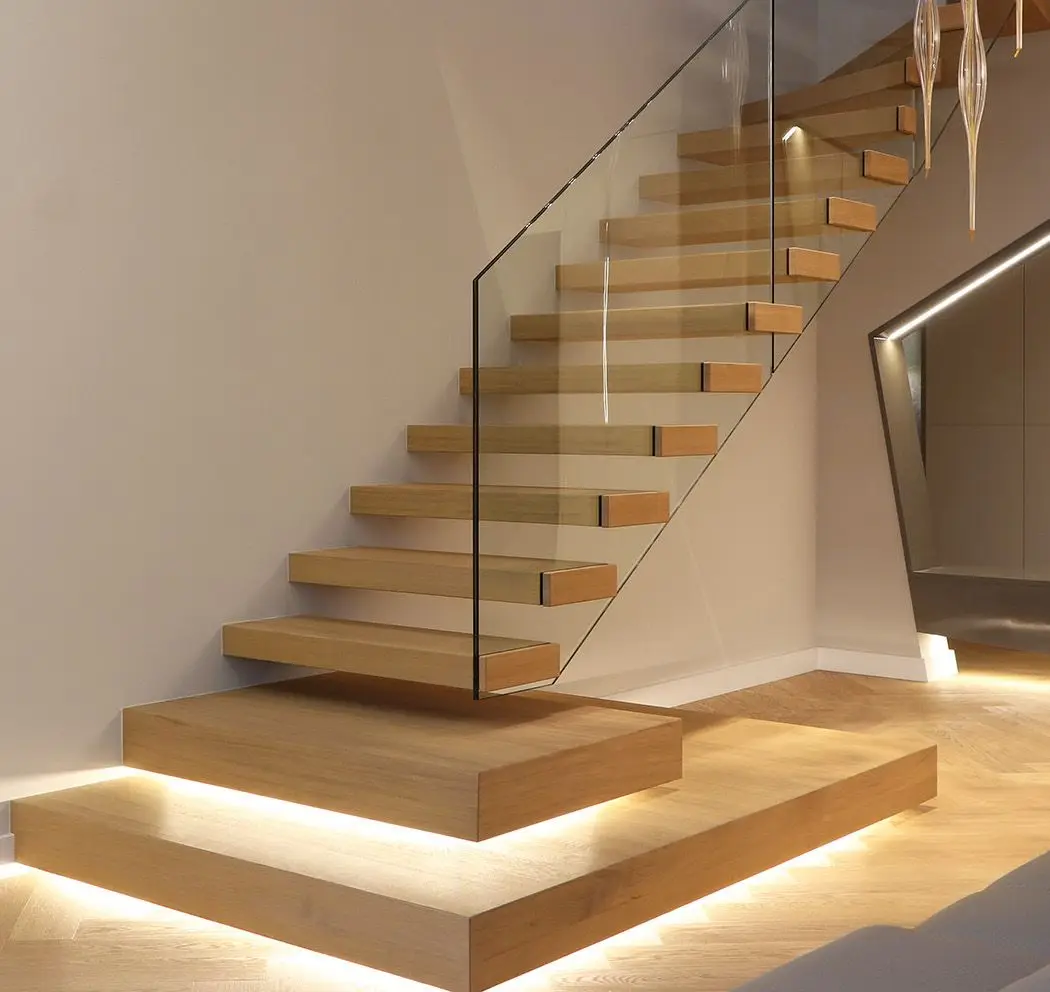 LED Light Automatic System Indoor Straight Floating Staircase Modern Carbon Steel Safety 12mm Tempered Glass Open Riser Stairs