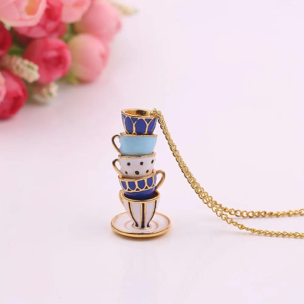 Fashion Jewellery Enamel Enamel Tea Cup Earrings Sweater Necklace Handmade Stereoscopic Tea Cup Enamel Necklace
