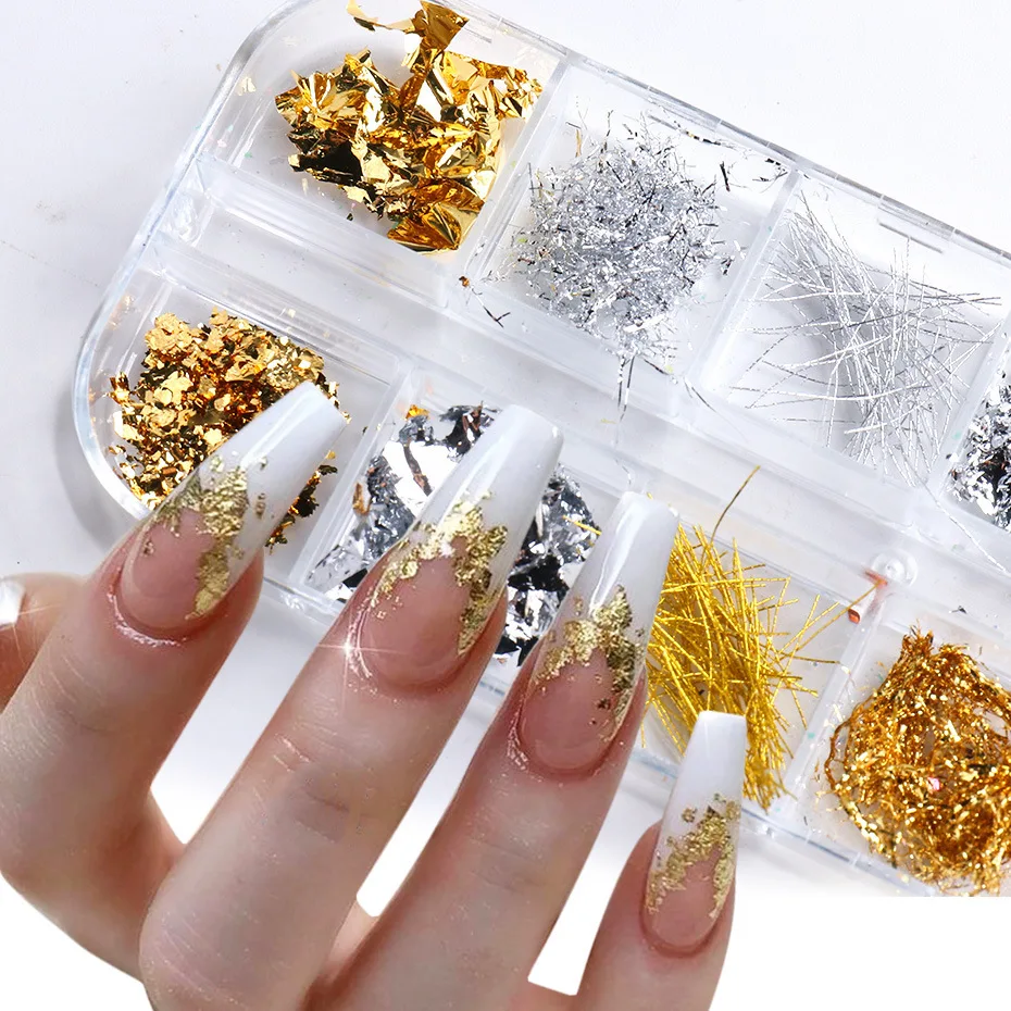 12 Grids Nail Art Foil Flakes Gold Silver, Sparkly Gold Silver Irre