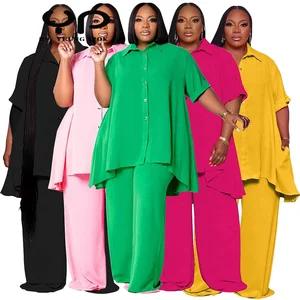 2026 Women's Clothing New Plus Size Fashionable Floral Print Solid Color Short-Sleeved Top Woven Wide Leg Pants Casual Summer