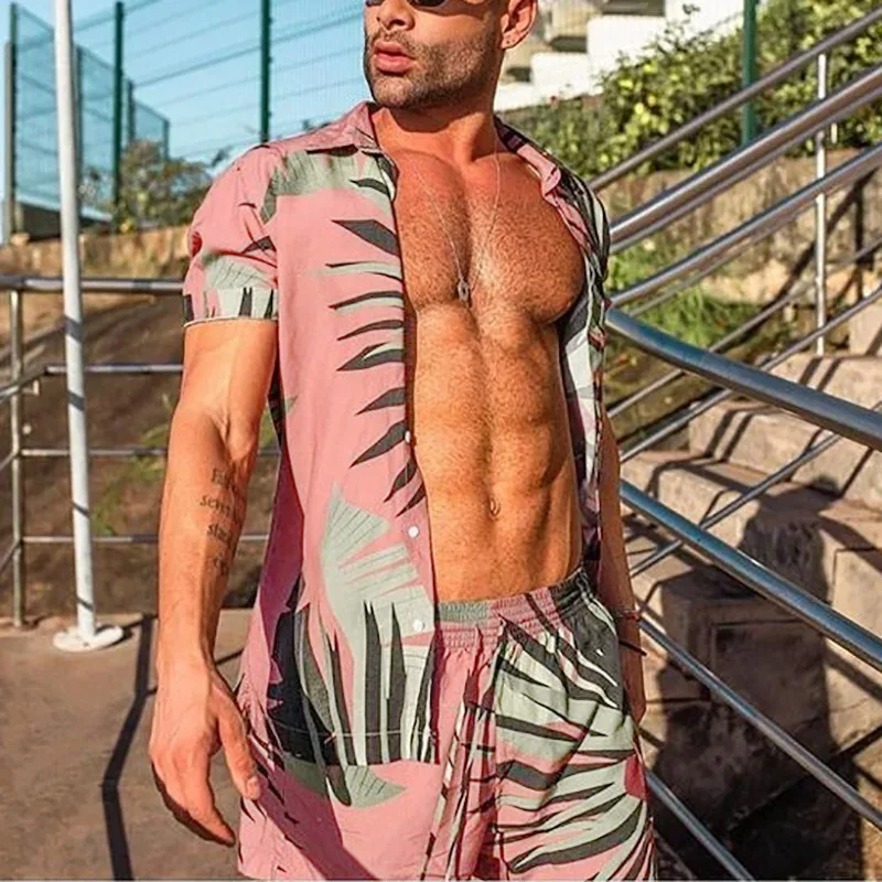 Summer 2024 Hawaiian Beach Style Print Men Fashion Vacation Shirt and Shorts Two Piece Set