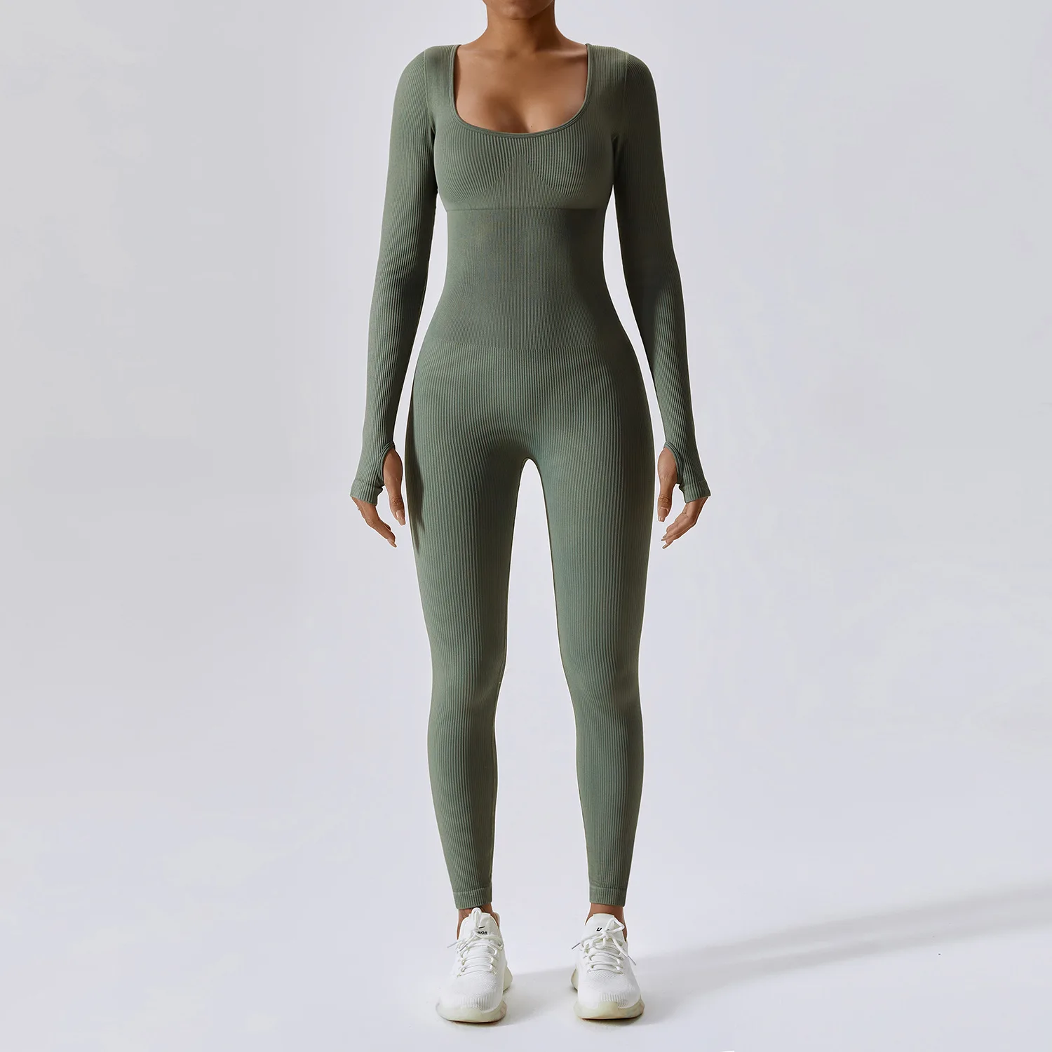 05 Custom Logo Solid Nude Color Fashion Women Outfit V Neck Casual Bodycon One Piece Long Sleeve Yoga Jumpsuit