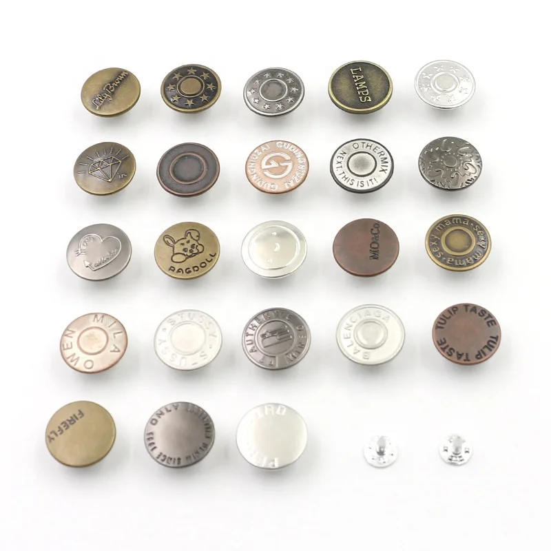 Custom Made Logo Embossed Metal Jeans Buttons High Quality Sustainable Plating Technique Available 10mm 20mm 17mm Decoration