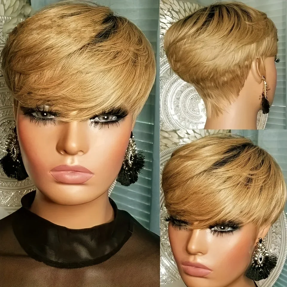 Perruques de cheveux humains courts et raides avec frange Perruques de cheveux courts coupe Pixie pour femmes Perruque entièrement fabriquée à la machine_voghion.com
