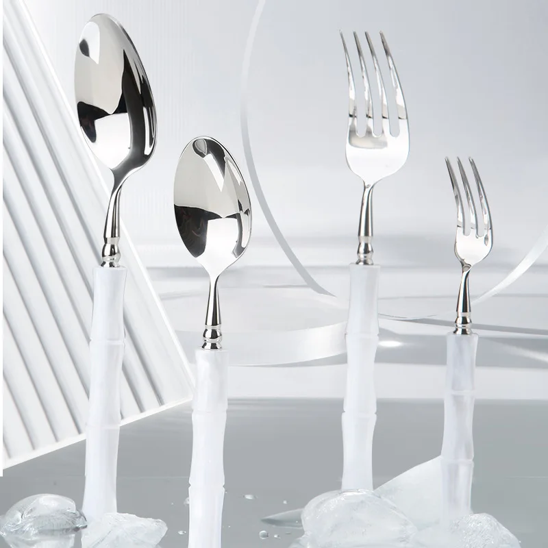 New Unique Resin Bamboo Handle Silverware Fork Knife Spoon Spreader Stainless Steel Bamboo Cutlery Set