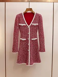 Bettergirl Autumn Winter New Product Red Textured V-Neck Rhinestone Button Long-Sleeve Knit Dress