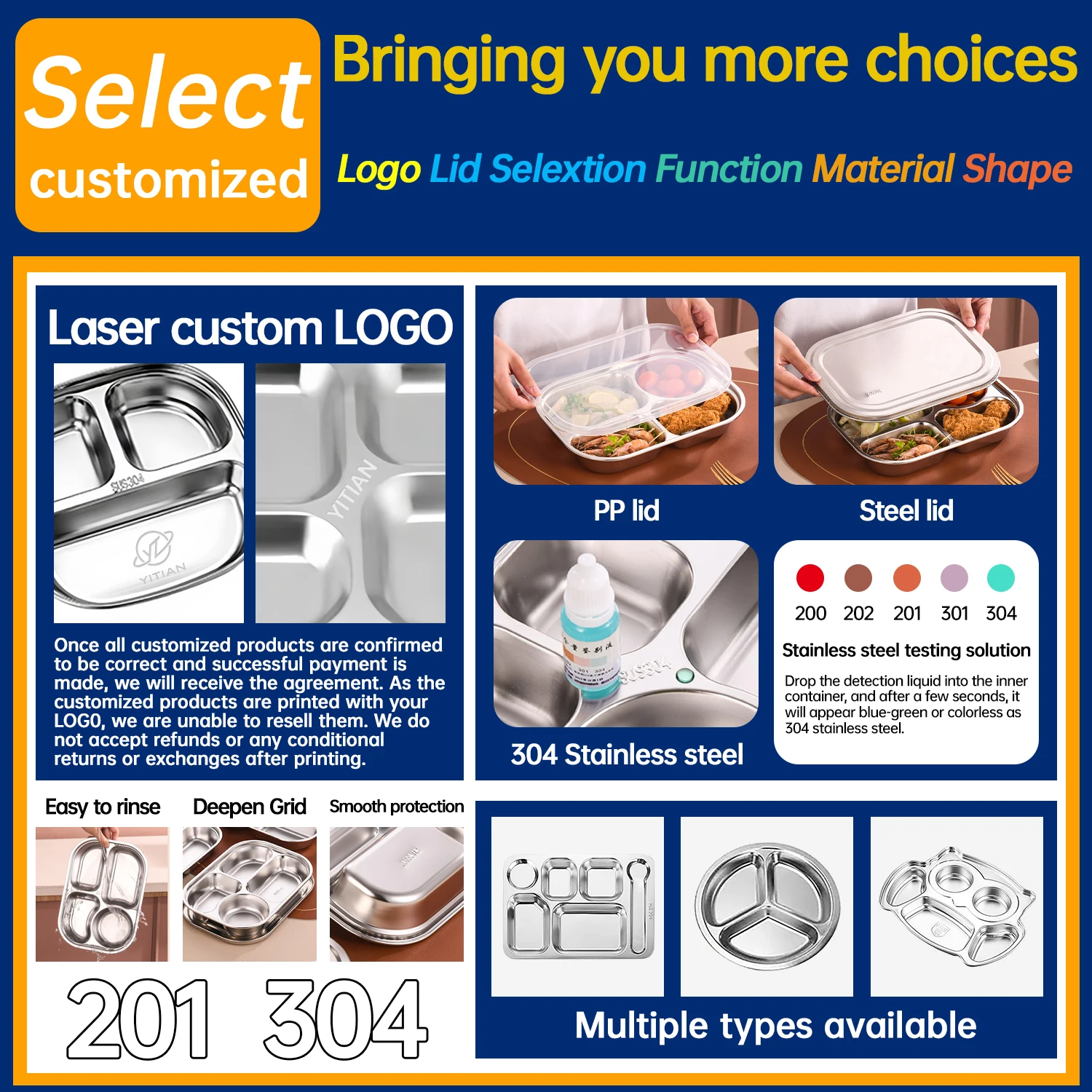 YITIAN Stainless Steel Compartment 5 Sections Mess Food Tray Sus 304 Lunch Plate Food Plate Kids Dinner Plate Dinnerware Dishes