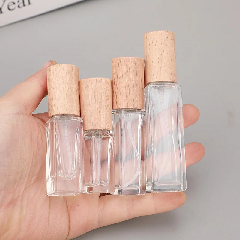 Fancy Crystal 5 ml 6 ml 10 ml Refillable Atomiser square Wooden Cap Perfume Bottles Spray Wood Cap