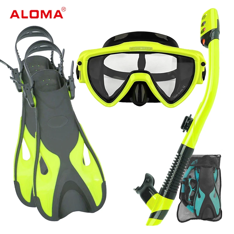 Aloma 2023 Schnorchelset Tauchbrille Schnorchelausrüstung Flossen Tauchgerät Maske mit Tasche für Erwachsene