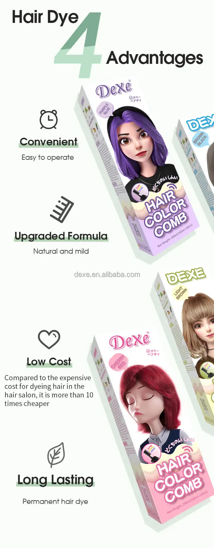 Dexe 180ml 200ml High Quality Private Label Natural Organic Hair Color Dye Shampoo Product Black Hair Color Magic with Combs