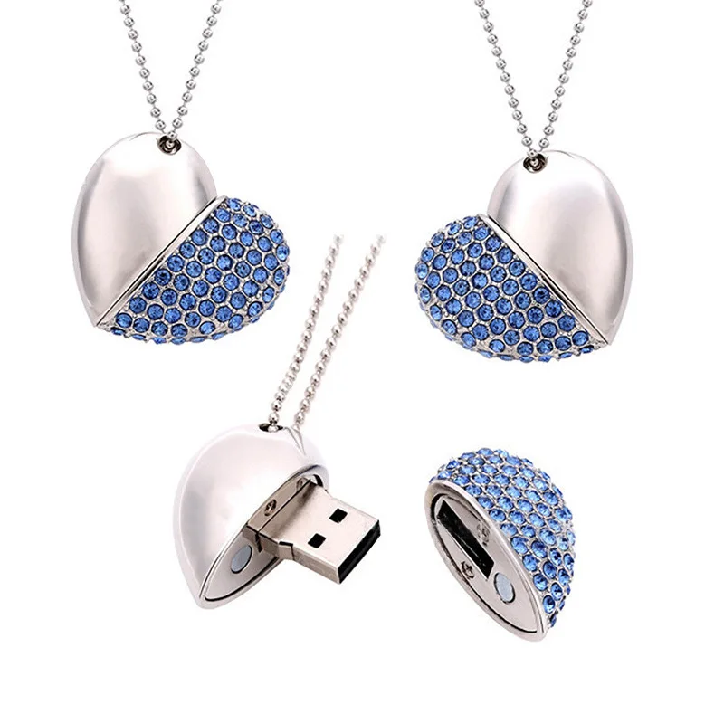 OEM Crystal 4gb 32gb 2.0 Memory Stick Gold Color Heart Shape Jewelry Gold Usb Flash Drive 2gb With Necklace Keychain